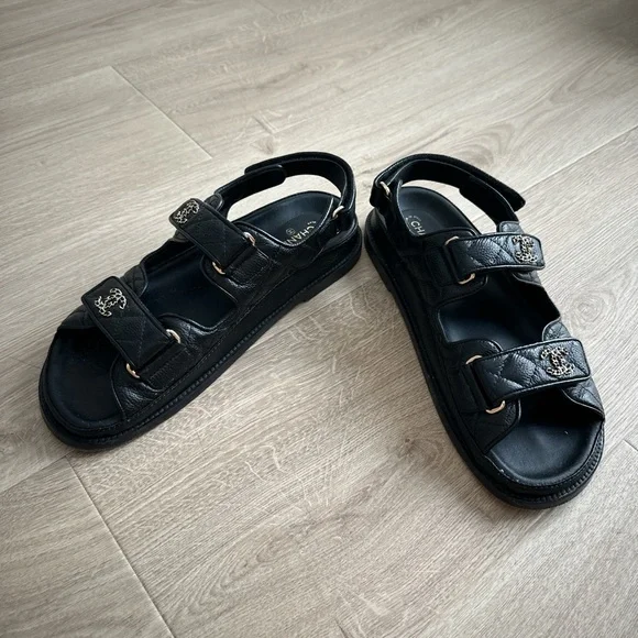 CHANEL Black Leather Logo Sandals - Picture 4 of 5